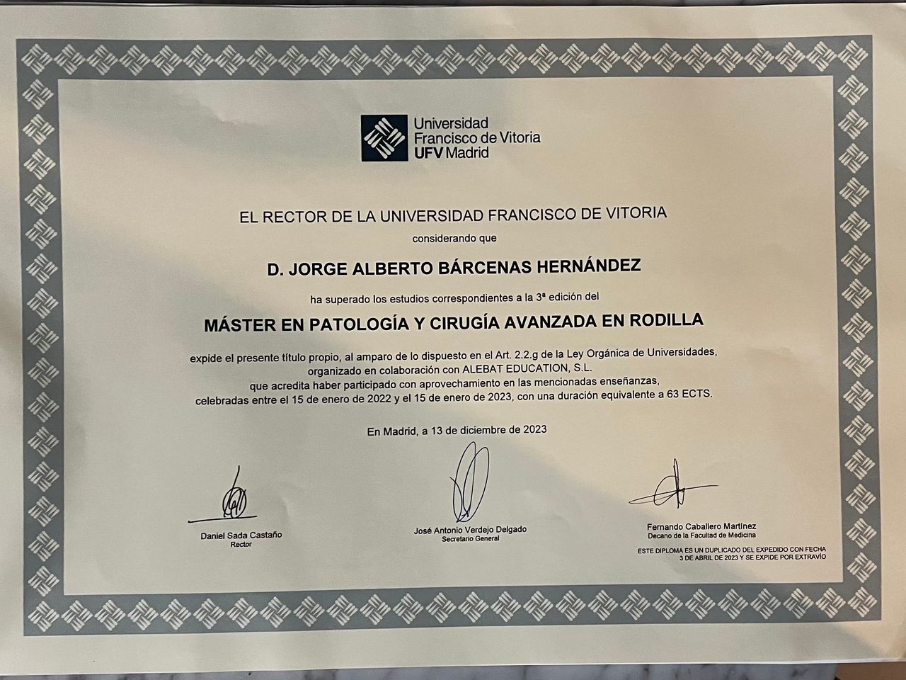 Doctor's credential certificate 1